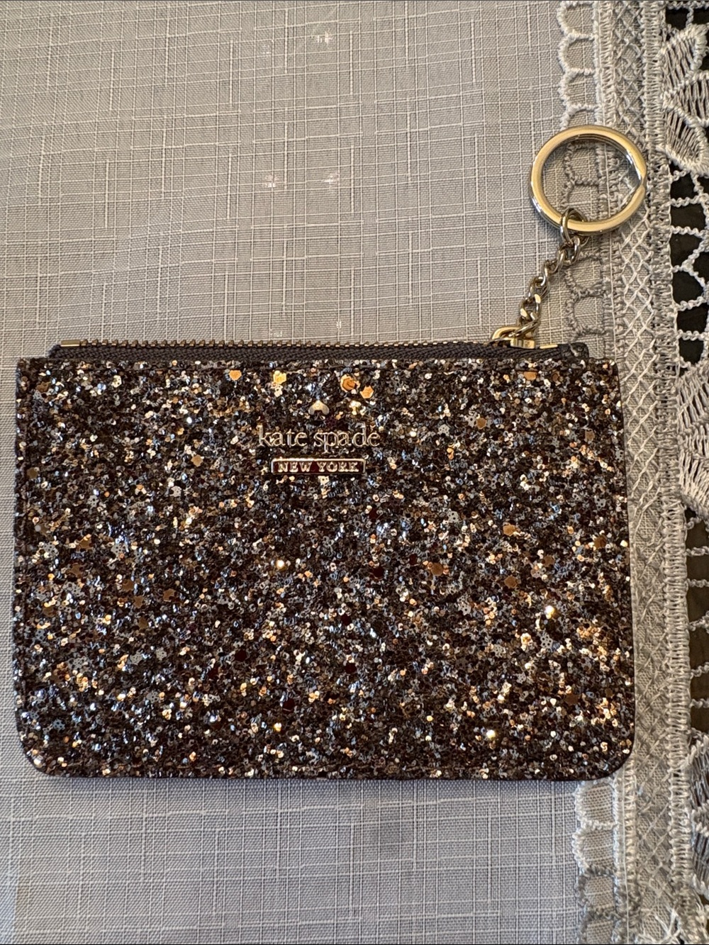 kate spade Glitter Zip Card Case Keyring - Black and Gold Sparkle
